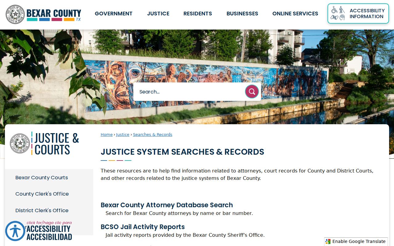 Bexar County criminal history searches and justice records menu