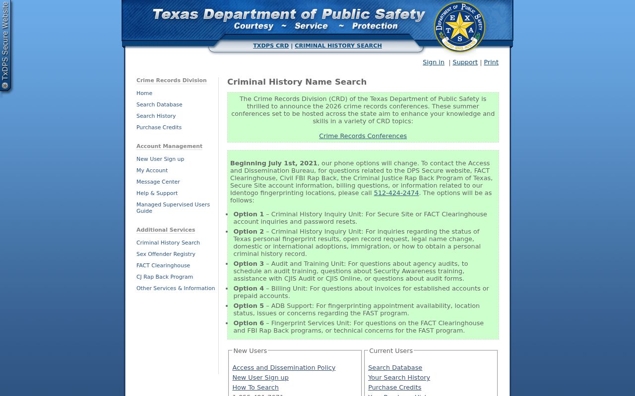 Texas DPS statewide name search for Bexar County criminal history