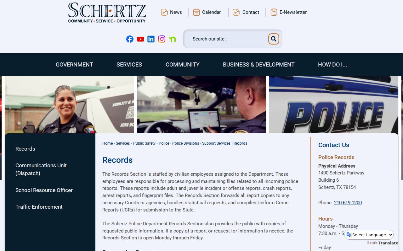 Schertz Police Records office information page